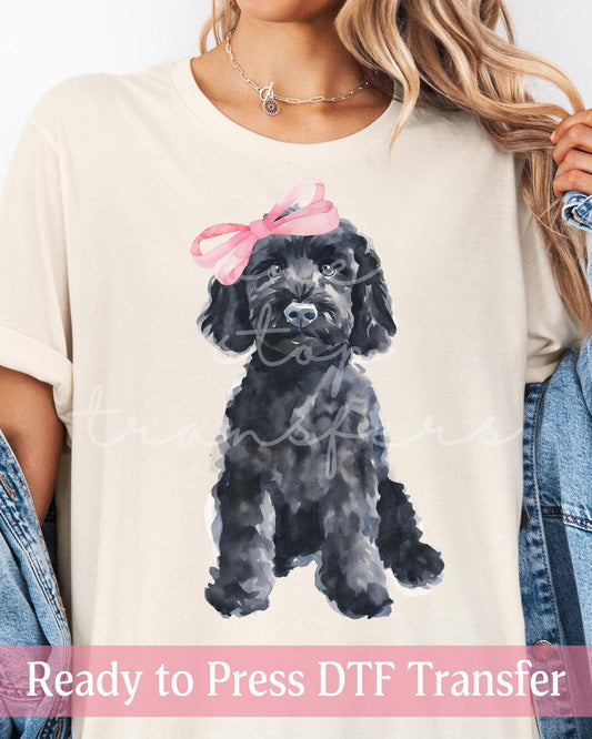 Preppy Watercolor Pink Bow Girl Black Goldendoodle - Ready to Press DTF Transfers