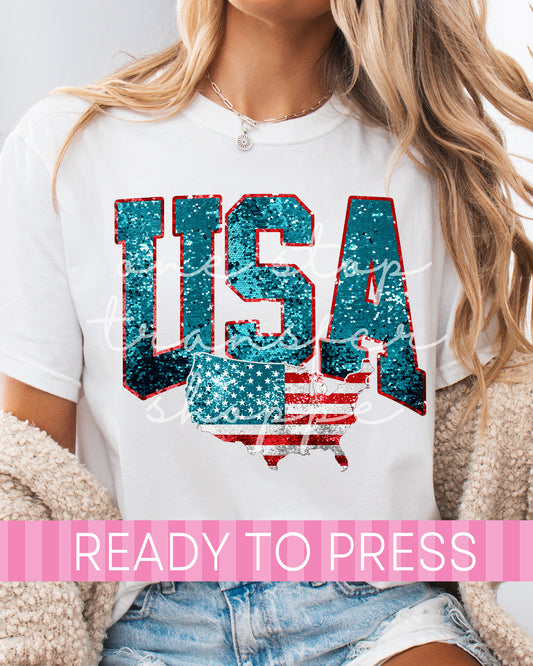 Teal Faux Sequin USA - Ready to Press DTF Transfers