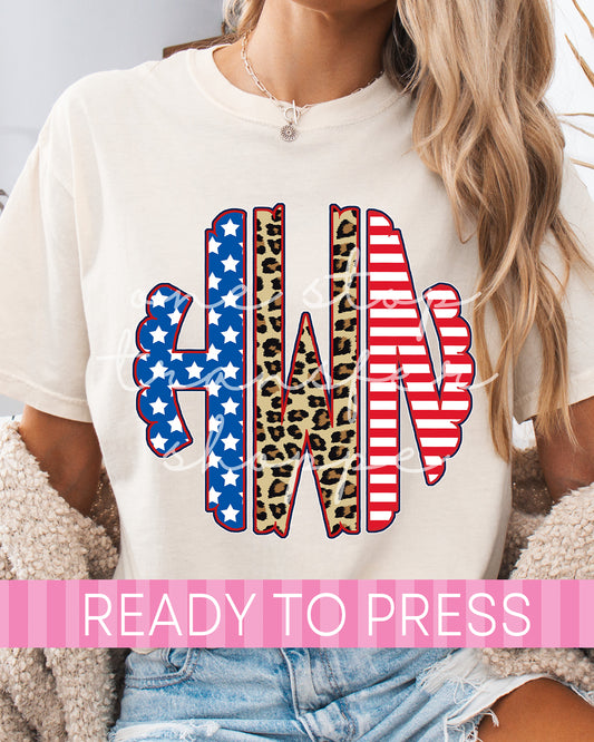 Personalized Leopard 4th Of July Scallop Circle Monogram - Ready to Press DTF Transfers