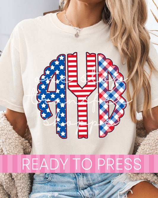 Personalized Stars Stripes and Gingham 4th Of July Scallop Monogram - Ready to Press DTF Transfers