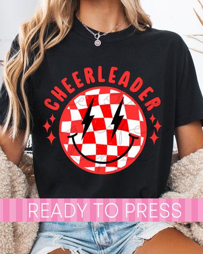 Red Checker Smiley Face Cheerleader - Ready to Press DTF Transfers