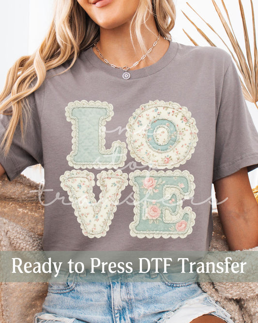 Valentine's Day Shabby Chic Vintage Roses Faux Embroidered LOVE - Ready to Press DTF Transfers