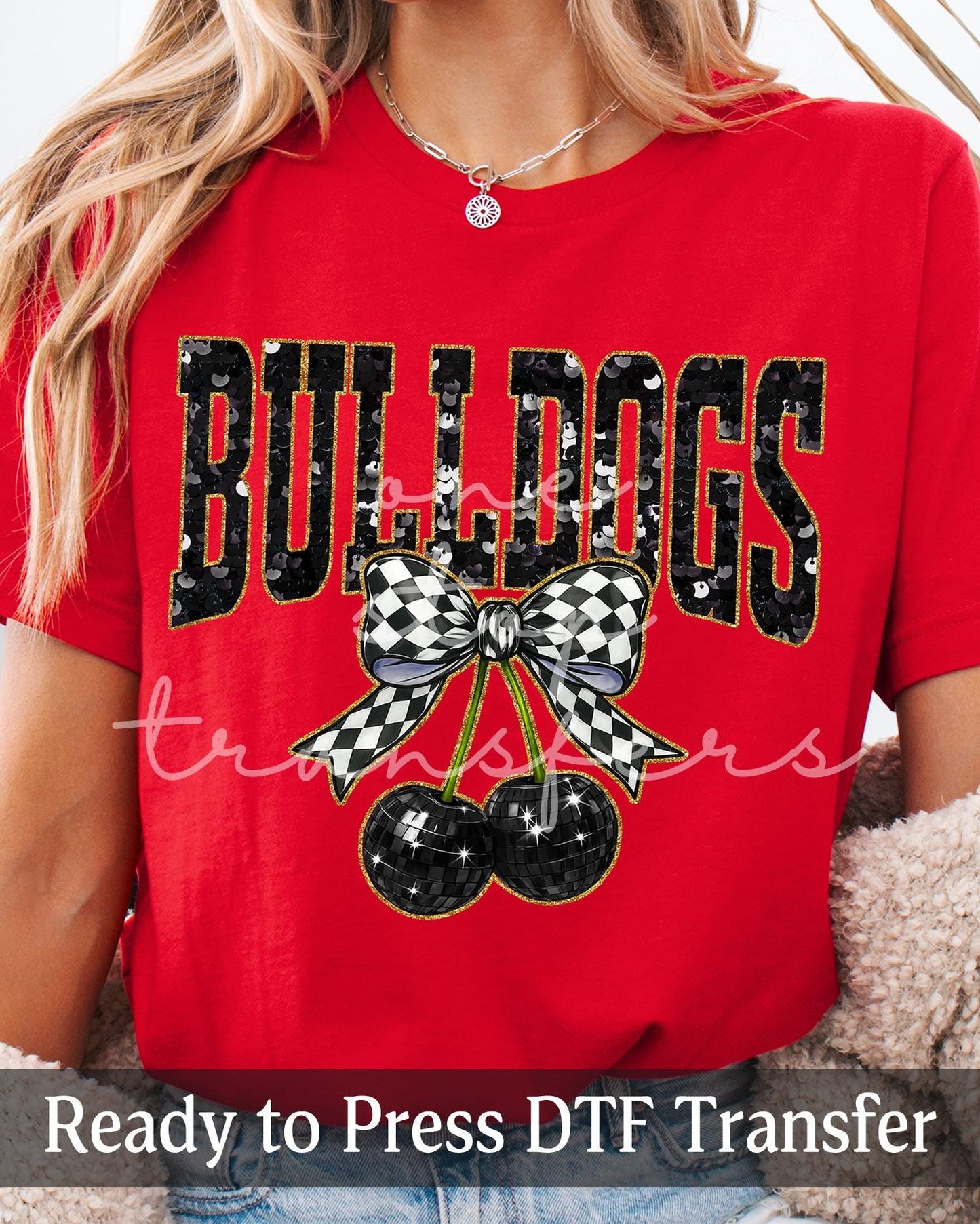 Faux Sequin Coquette Cherries Black Bulldogs - Ready to Press DTF Transfers
