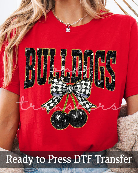 Faux Sequin Coquette Cherries Black Bulldogs - Ready to Press DTF Transfers