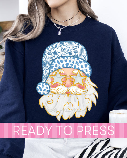 Blue Chinoiserie Faux Glitter Santa - Ready to Press DTF Transfers