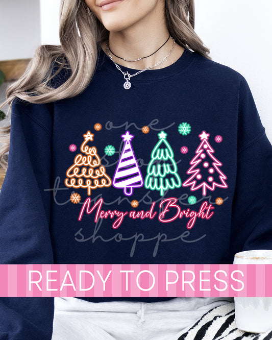 Neon Merry and Bright Christmas Trees - Ready to Press DTF Transfers