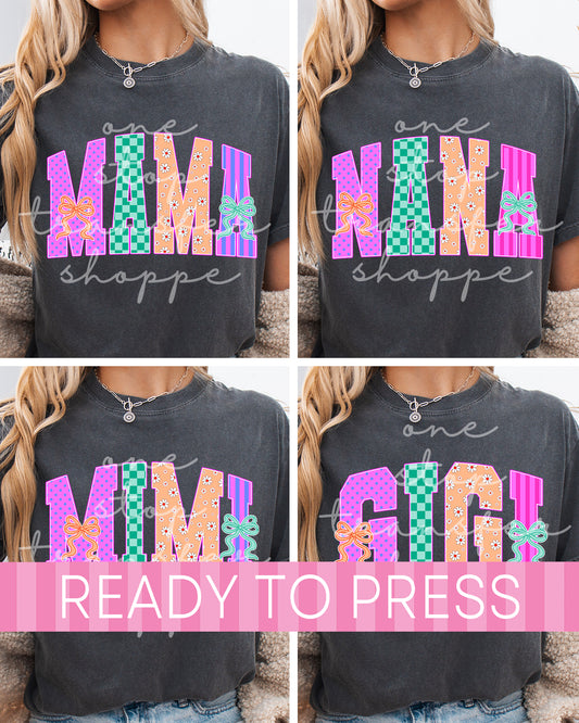 Neon Coquette Mama Nana Mimi Gigi DTF Transfer - Ready to Press DTF Transfers