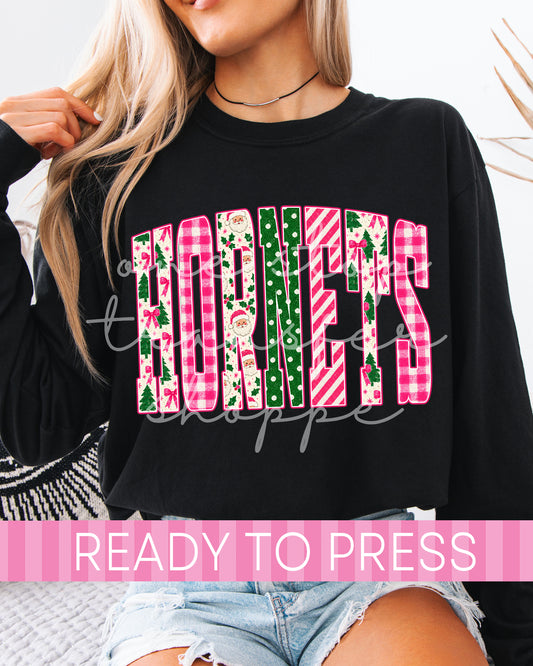 Pink Christmas Varsity Hornets Mascot - Ready to Press DTF Transfers