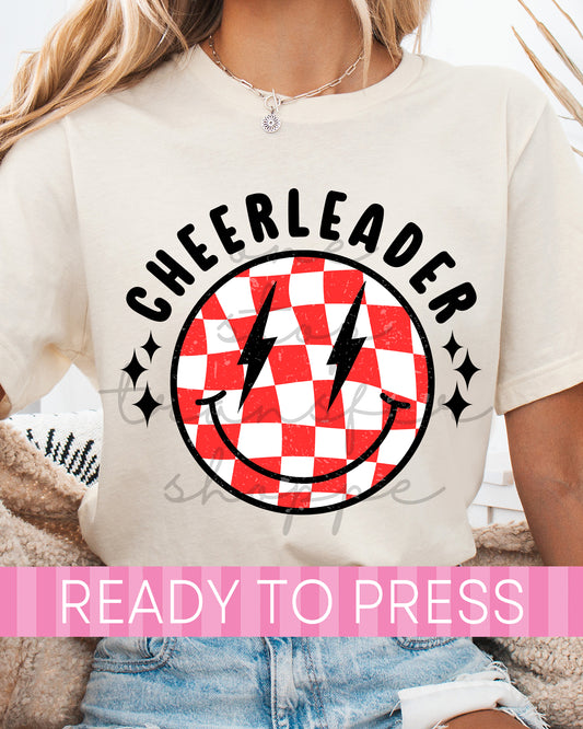 Red Checker Smiley Face Cheerleader - Ready to Press DTF Transfers