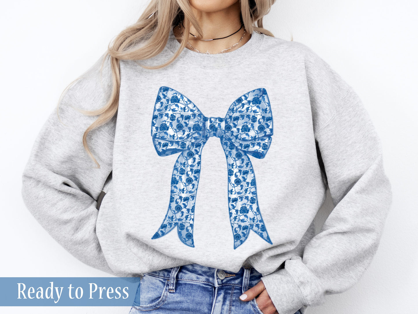 Coquette Blue Floral Chinoiserie Bow - Ready to Press DTF Transfers