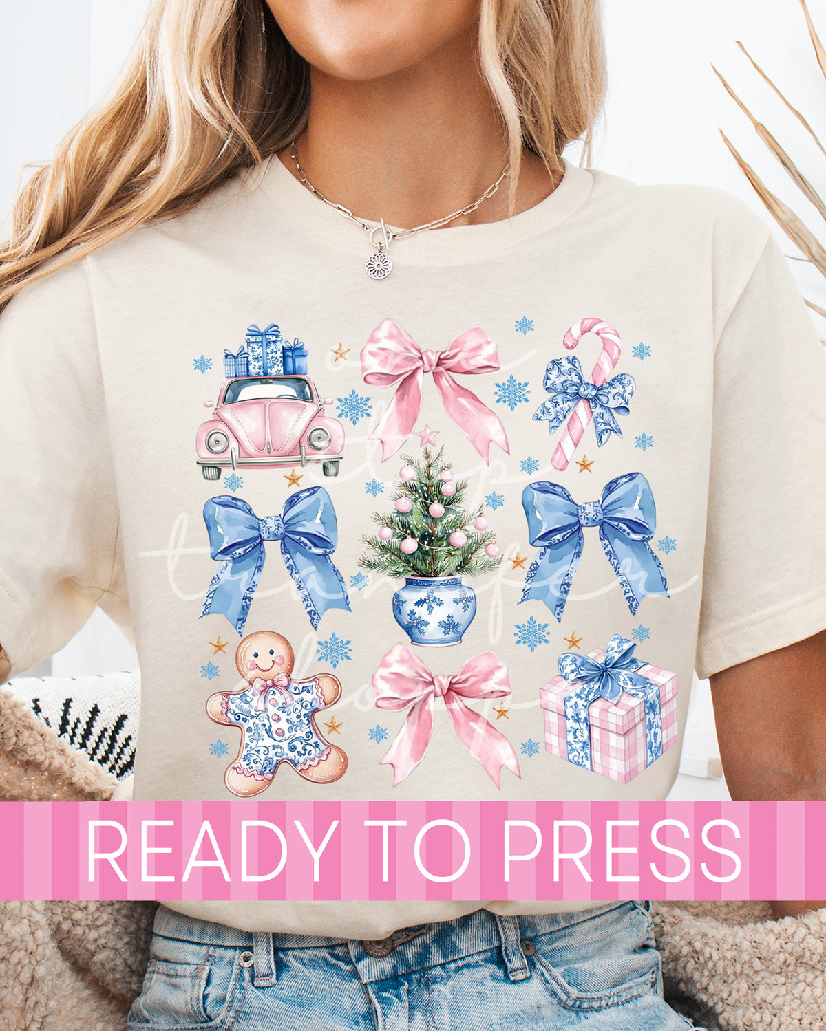 Preppy Blue Coquette Christmas Tree Collage - Ready to Press DTF Transfers