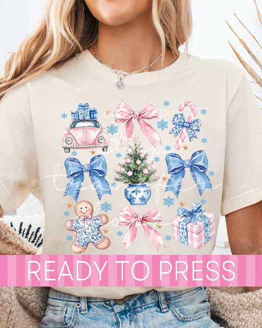 Preppy Blue Coquette Christmas Tree Collage - Ready to Press DTF Transfers