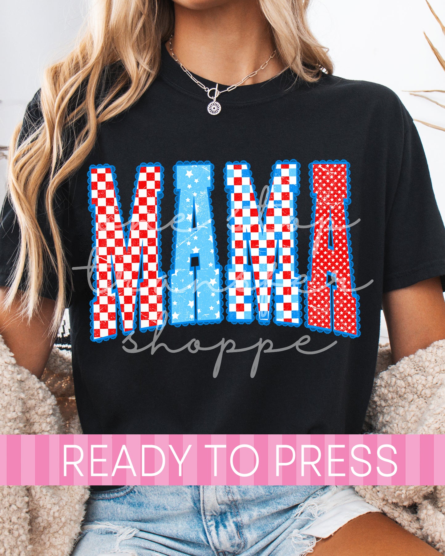 Shabby Chic Checker MAMA USA - Ready to Press DTF Transfers