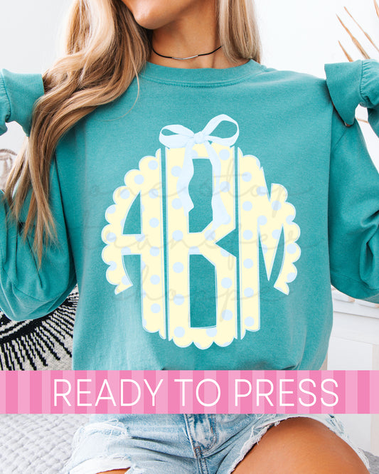 Coquette Yellow Blue Polka Dot Scallop Monogram - Ready to Press DTF Transfers