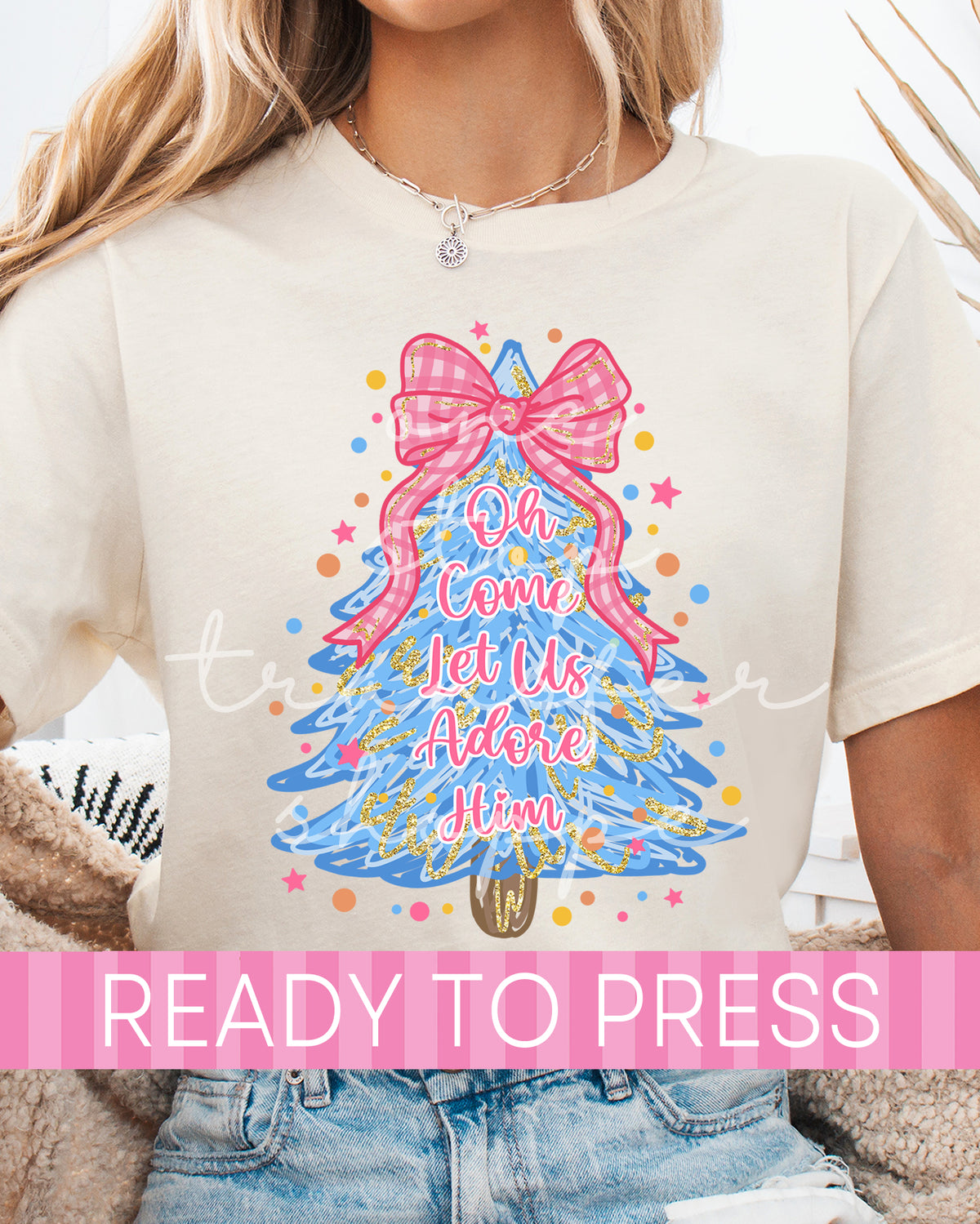 Preppy Oh Come Let Us Adore Him Blue Christmas Tree - Ready to Press DTF Transfers