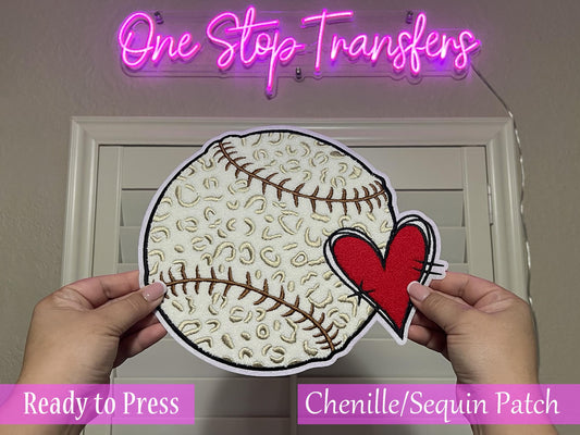Leopard Baseball Heart Chenille Iron On Patch - Ready to Press Patches