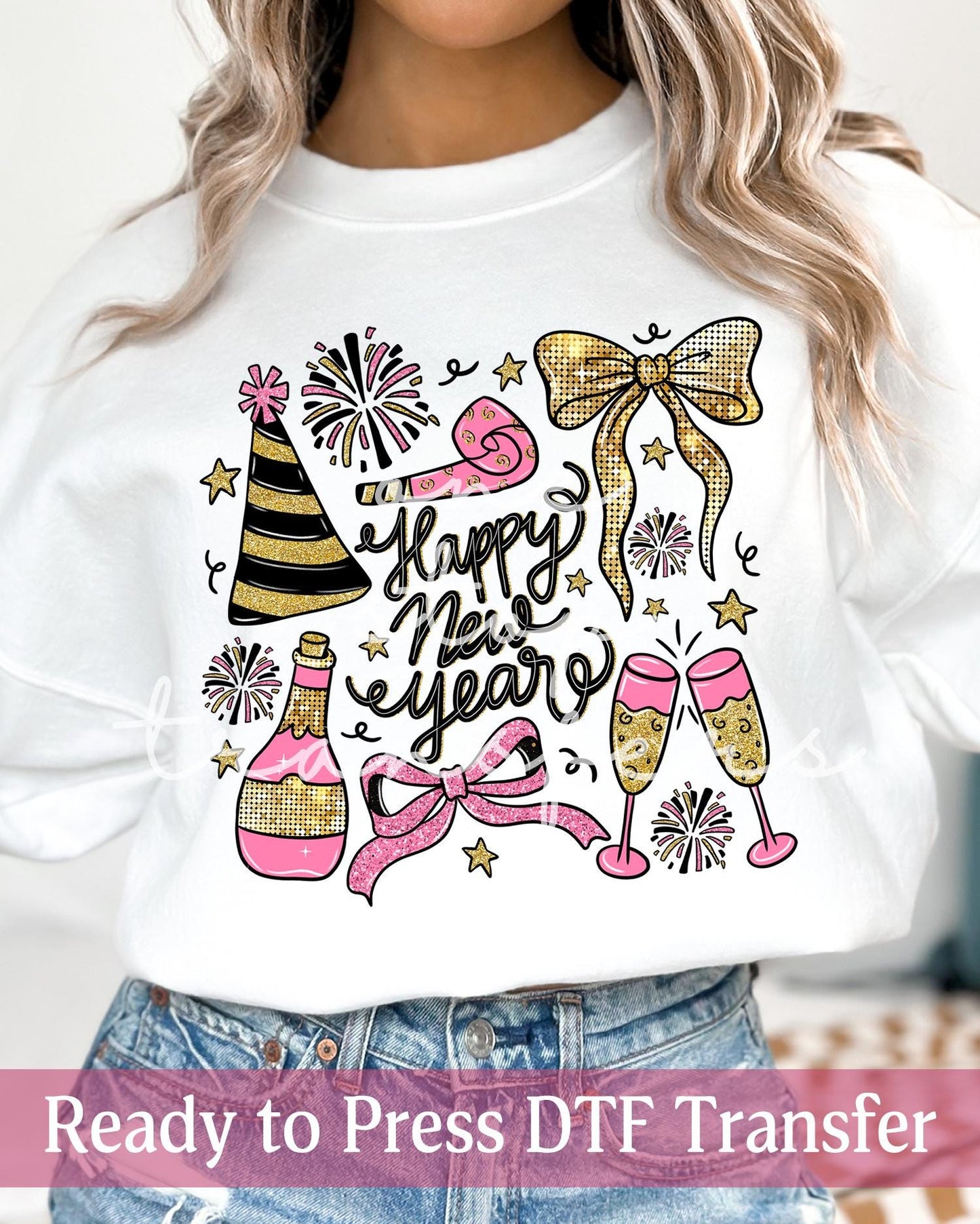 Pink Black Gold Faux Glitter Happy New Year Party - Ready to Press DTF Transfers