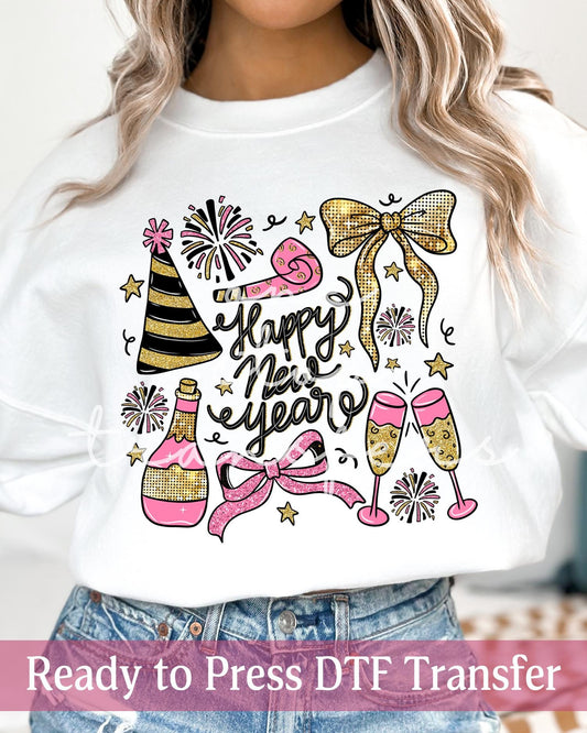 Pink Black Gold Faux Glitter Happy New Year Party - Ready to Press DTF Transfers