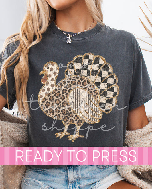 Distressed Leopard Checker Thanksgiving Turkey - Ready to Press DTF Transfers