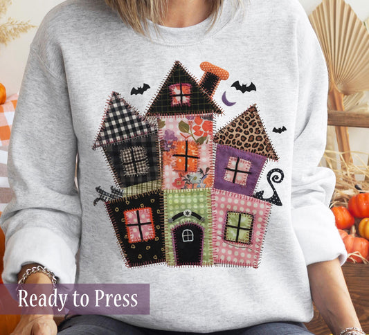 Faux Patchwork Halloween Haunted House - Ready to Press DTF Transfers