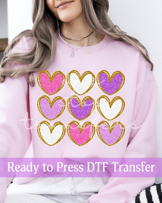 Valentine's Day Faux Chenille Heart Faux Glitter - Ready to Press DTF Transfers