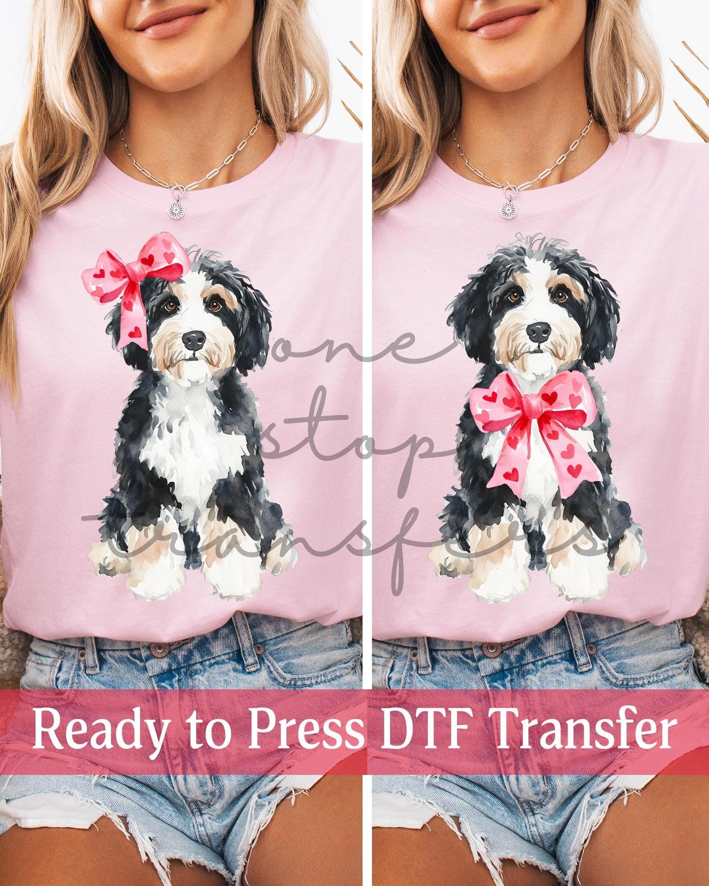Preppy Watercolor Valentine's Day Bow Girl Boy Bernedoodle Doodle - Ready to Press DTF Transfers