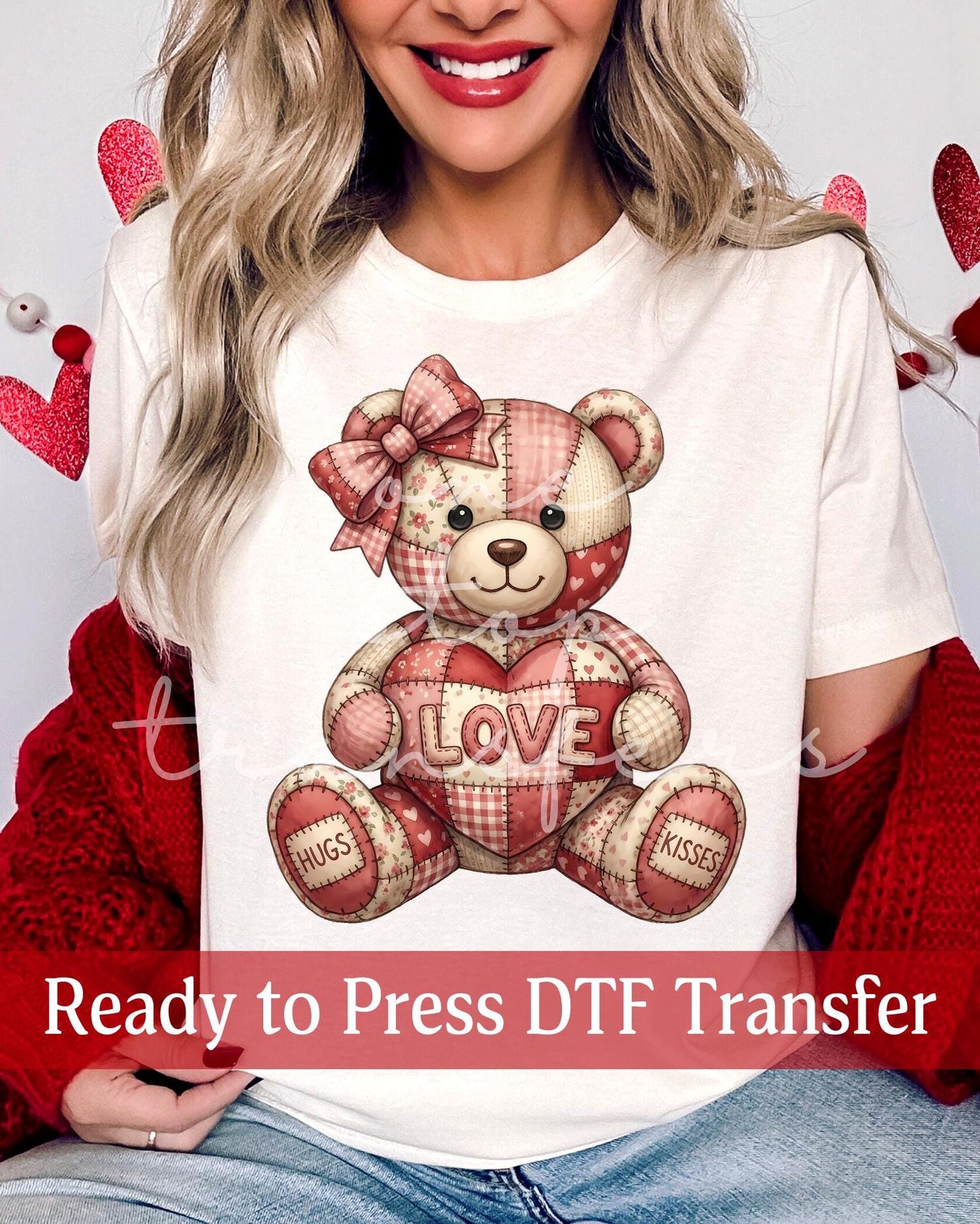Patchwork Valentine's Day Love Hugs Kisses Teddy Bear - Ready to Press DTF Transfers