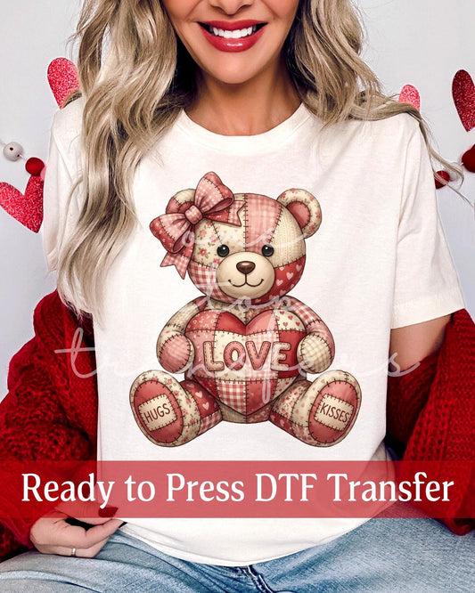 Patchwork Valentine's Day Love Hugs Kisses Teddy Bear - Ready to Press DTF Transfers