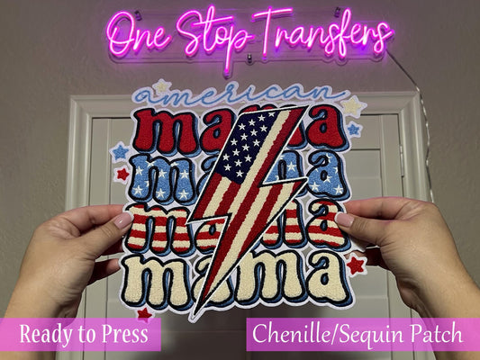 Stacked American Mama Lightning Chenille Iron On Patch - Ready to Press Patches