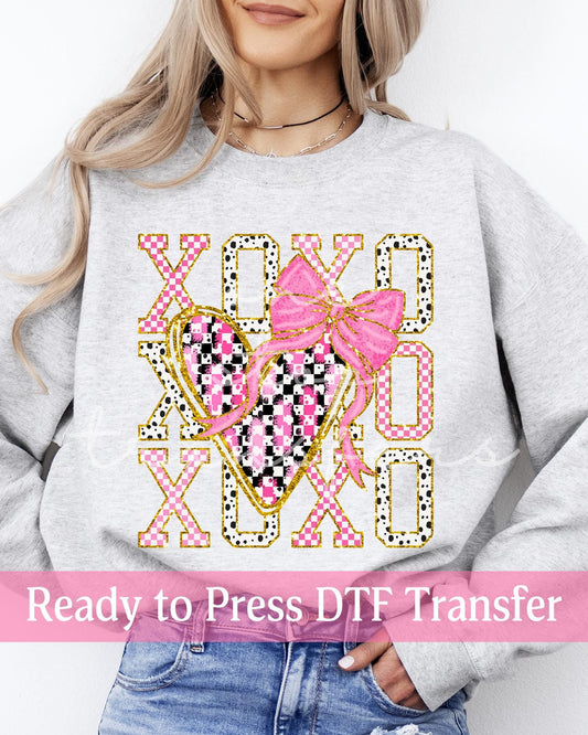 Valentine's Day Faux Glitter Stacked XOXO Checker Heart - Ready to Press DTF Transfers