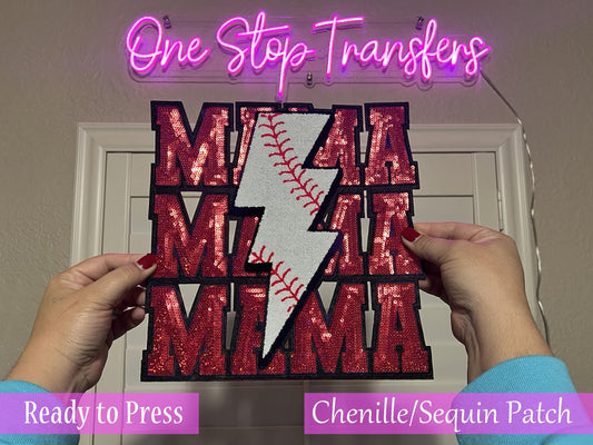 Stacked Lightning Baseball MAMA Chenille Sequin Iron On Patch - Ready to Press Patches