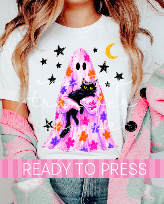 Bright Pink Floral Sketch Ghost and Cat - Ready to Press DTF Transfers