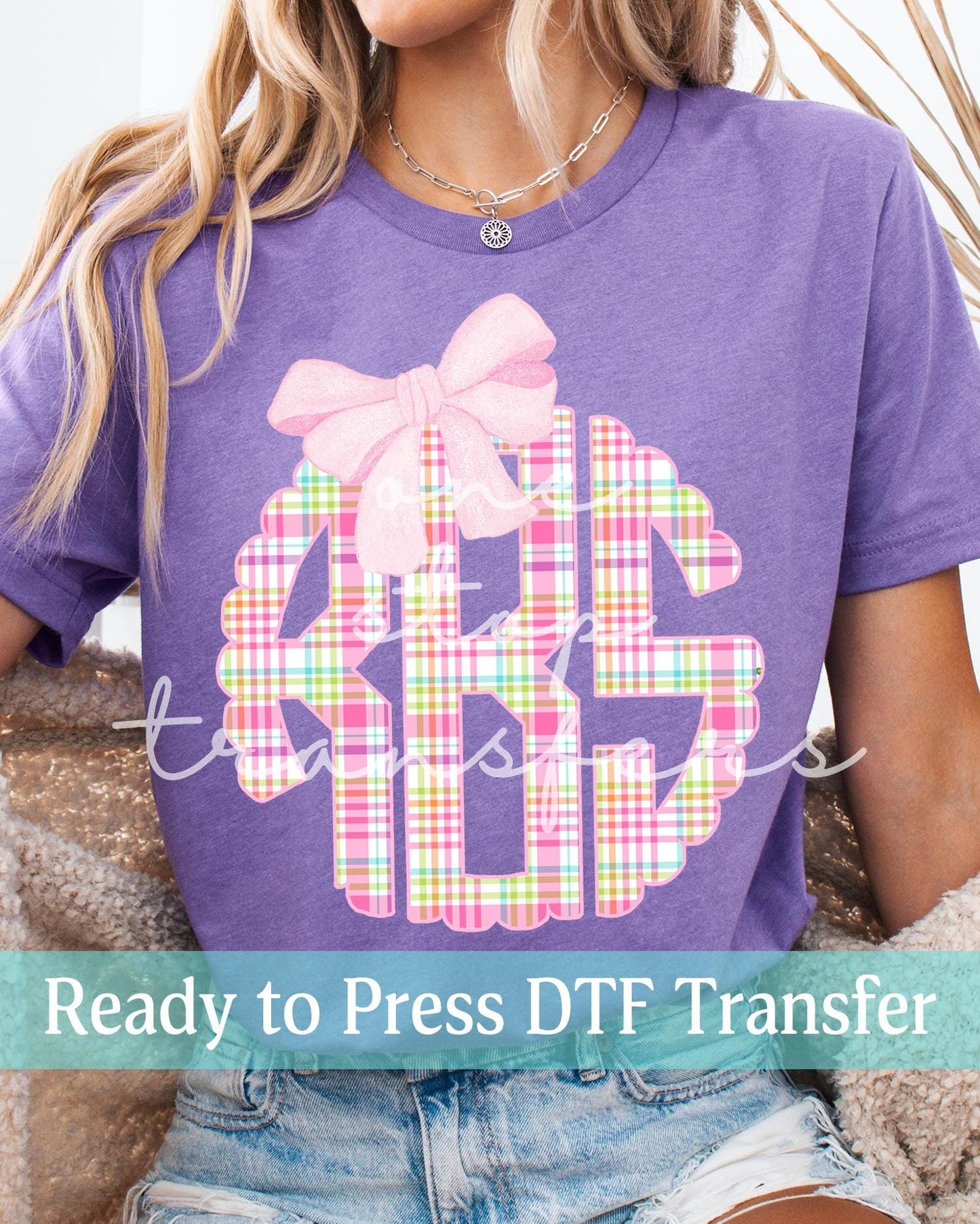 Preppy Coquette Spring Easter Pastel Plaid Monogram - Ready to Press DTF Transfers