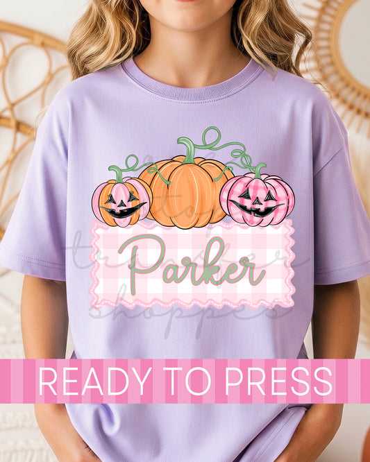Custom Name Pink Gingham Pumpkins DTF Transfer - Ready to Press DTF Transfers