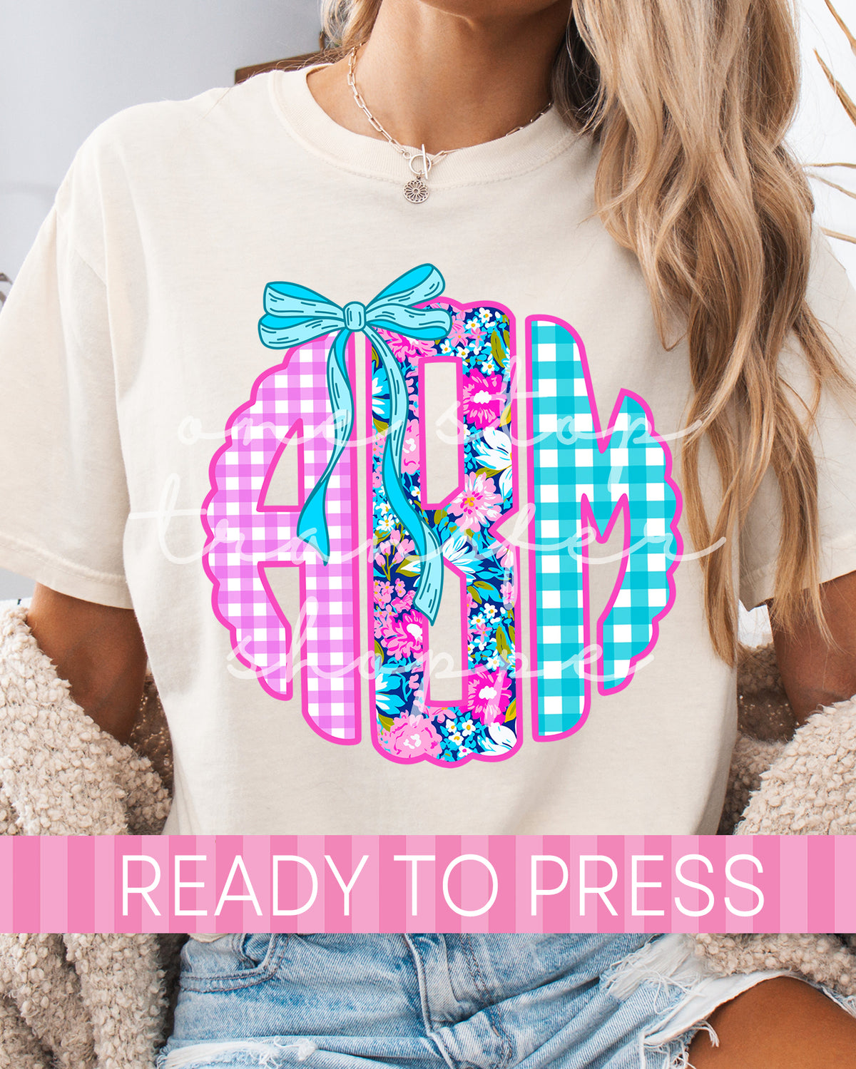 Preppy Coquette Pink Blue Gingham Floral Monogram - Ready to Press DTF Transfers