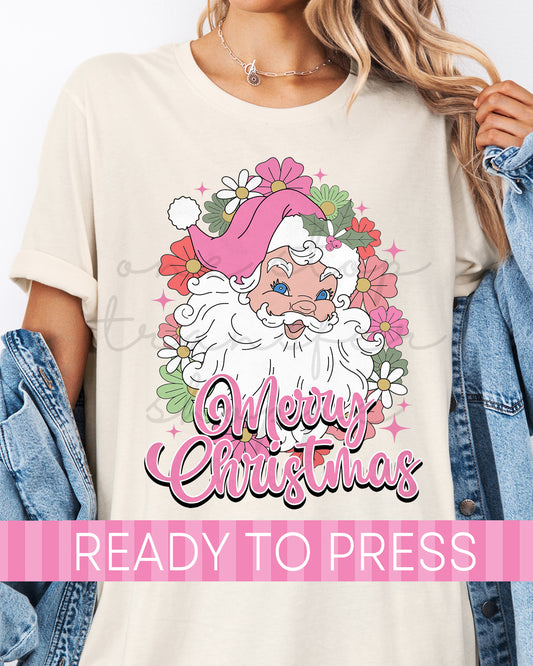Pink Floral Merry Christmas Santa - Ready to Press DTF Transfers
