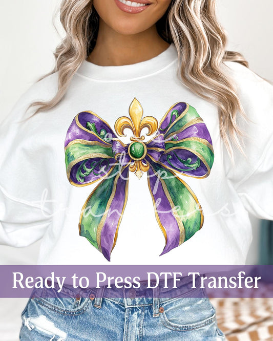 Coquette Watercolor Fleur De Lis Mardi Gras Bow - Ready to Press DTF Transfers