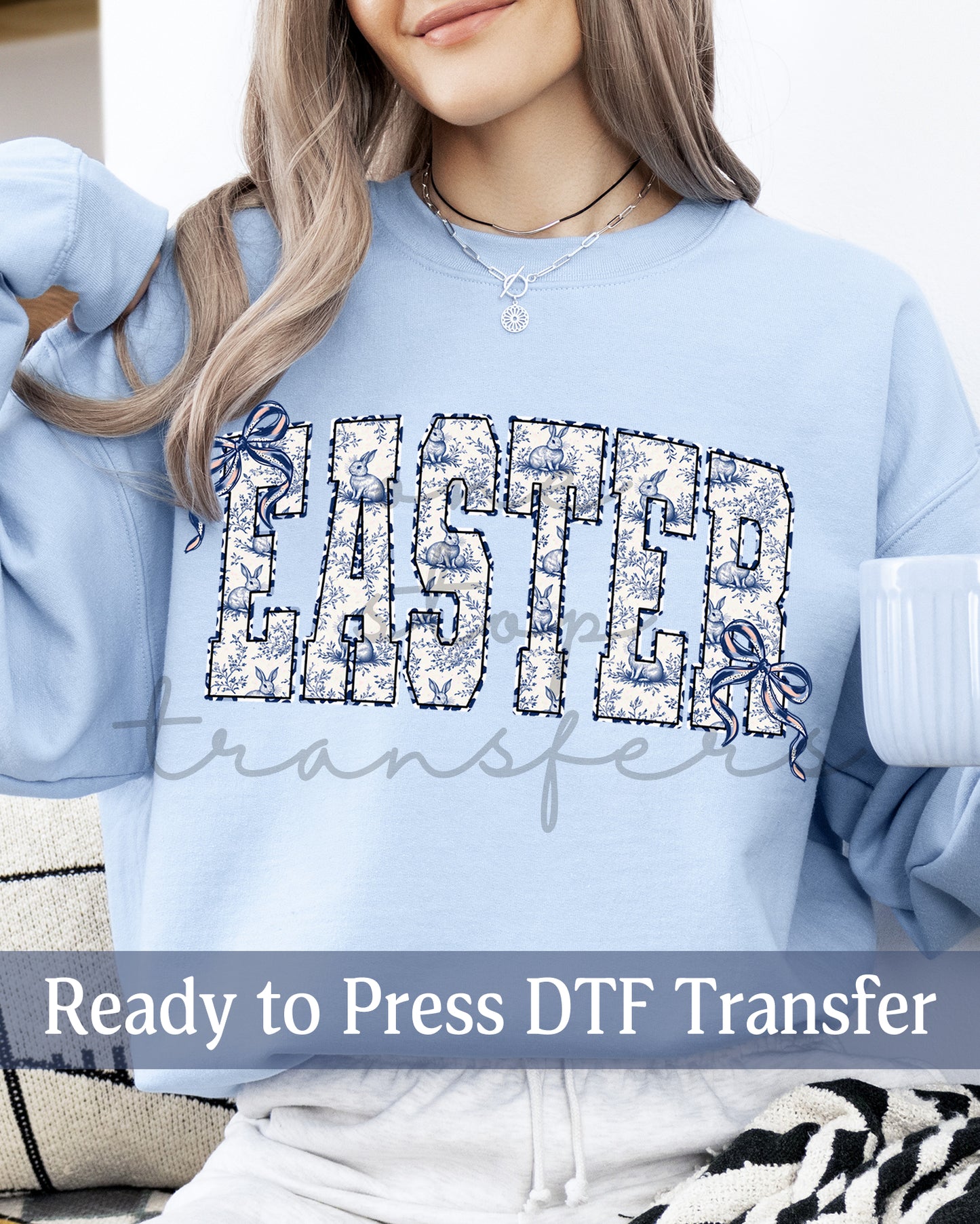 Blue Chinoiserie Varsity Easter - Ready to Press DTF Transfers