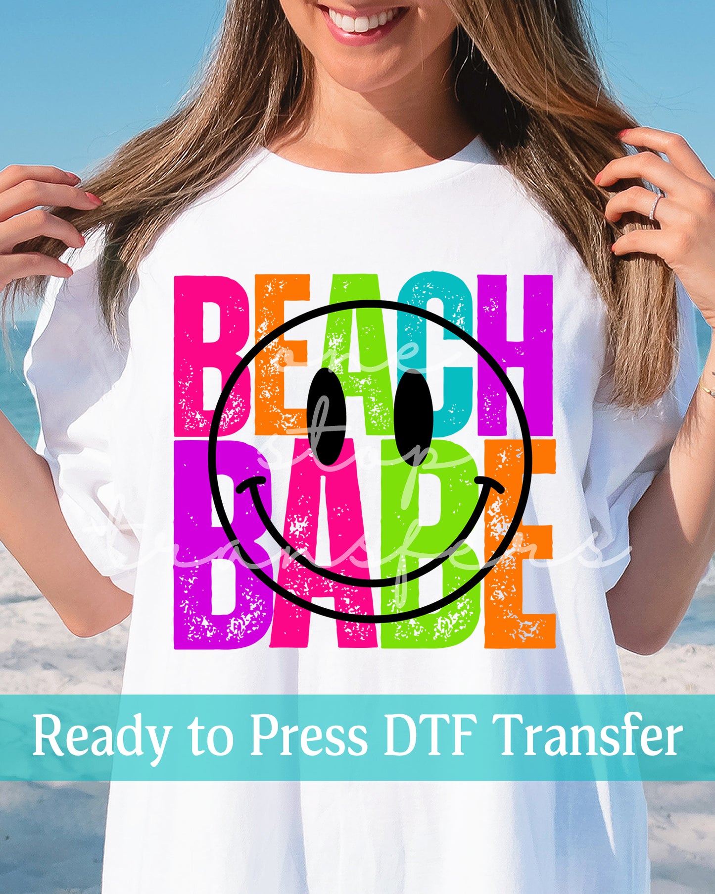 Colorful Neon Distressed Beach Babe Smiley Face - Ready to Press DTF Transfers