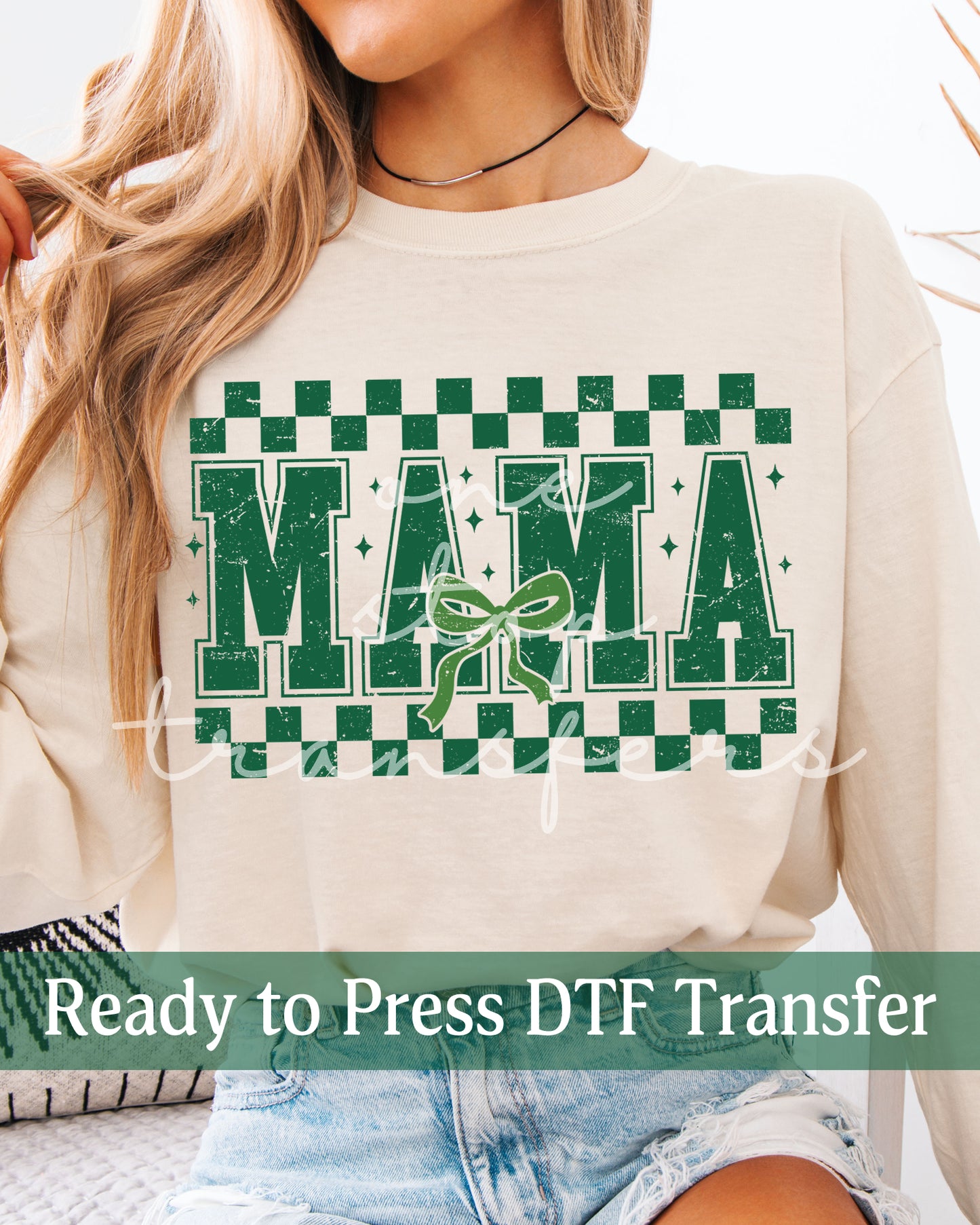 Green Distressed Checker Coquette MAMA - Ready to Press DTF Transfers