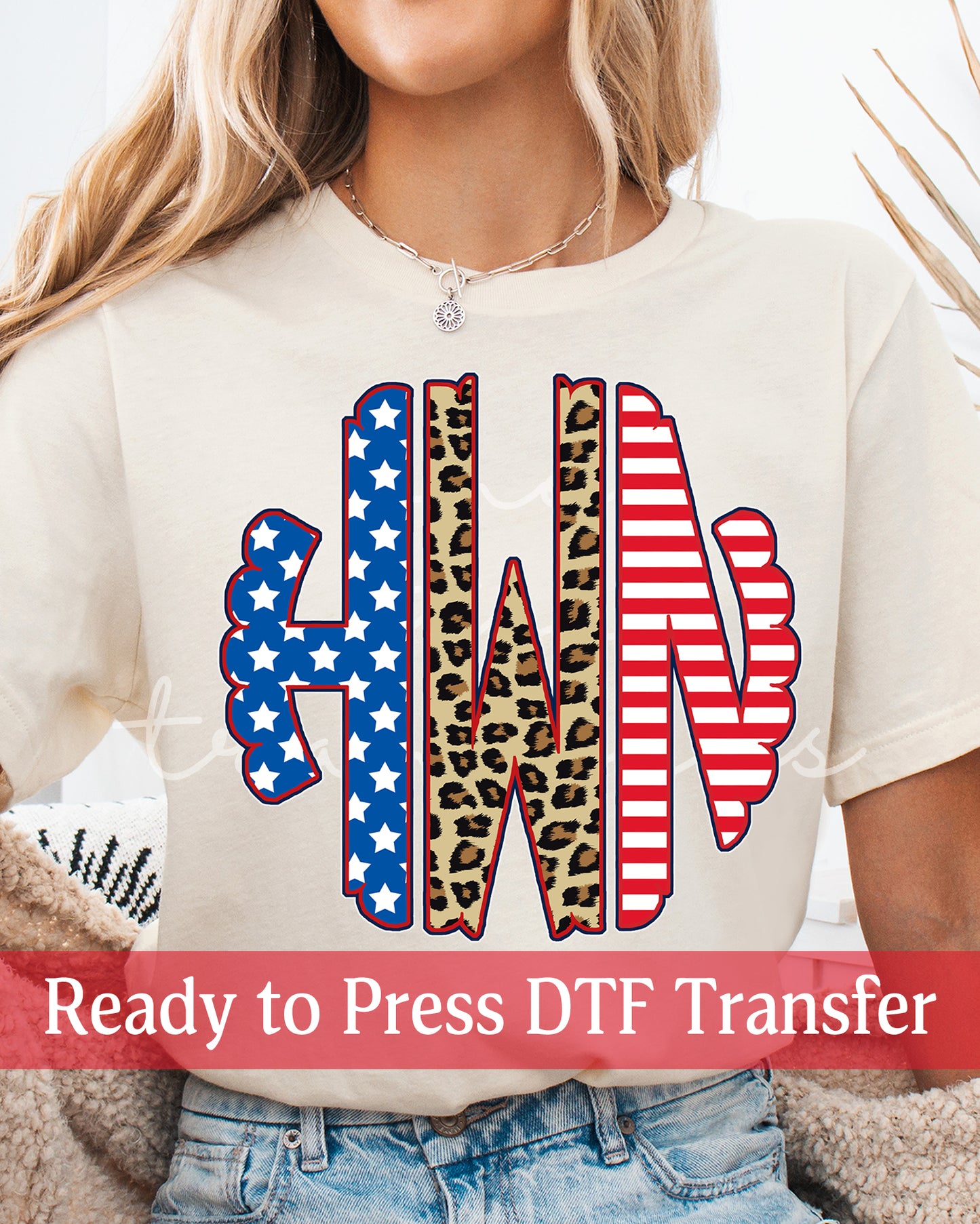 Personalized Leopard 4th Of July Scallop Circle Monogram - Ready to Press DTF Transfers