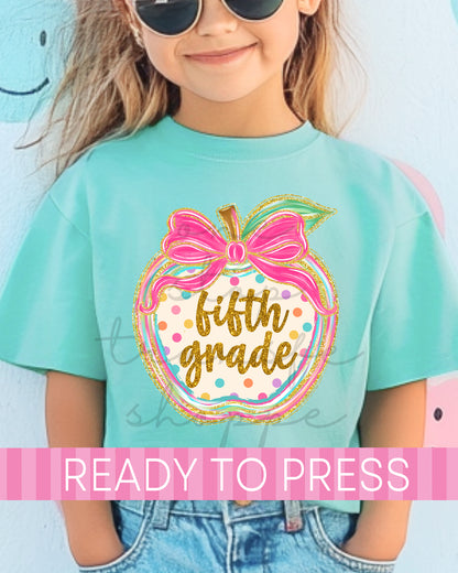 Pre-K - 5th Grade Coquette Polka Dot Apple School Grades - Ready to Press DTF Transfers