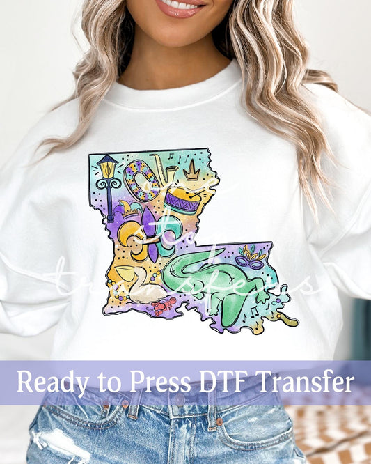 Mardi Gras Watercolor Louisiana Shape - Ready to Press DTF Transfers