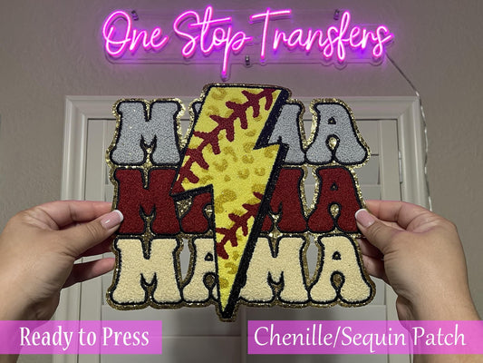 Stacked Lightning Softball MAMA Chenille Iron On Patch - Ready to Press Patches