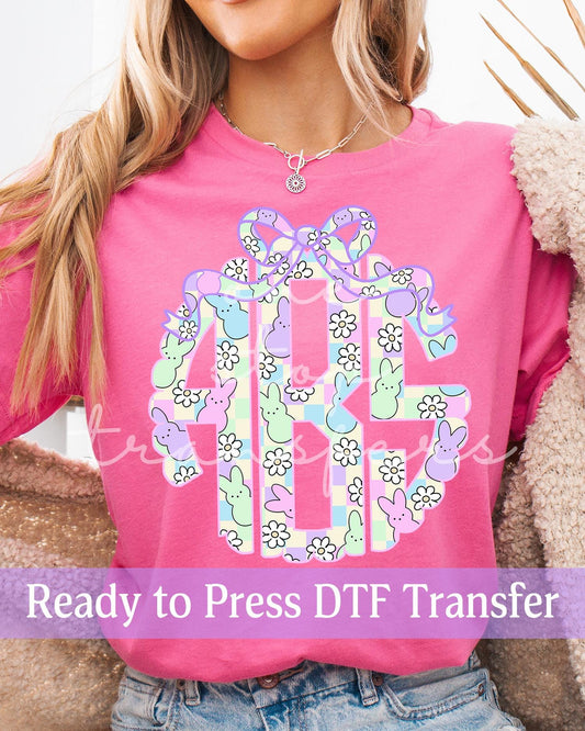Preppy Coquette Spring Pastel Checker Easter Peeps Monogram - Ready to Press DTF Transfers