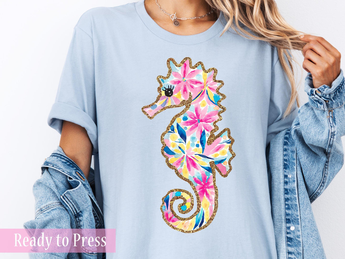Boho Floral Seahorse with Faux Glitter Trim - Ready to Press DTF Transfers