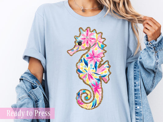 Boho Floral Seahorse with Faux Glitter Trim - Ready to Press DTF Transfers