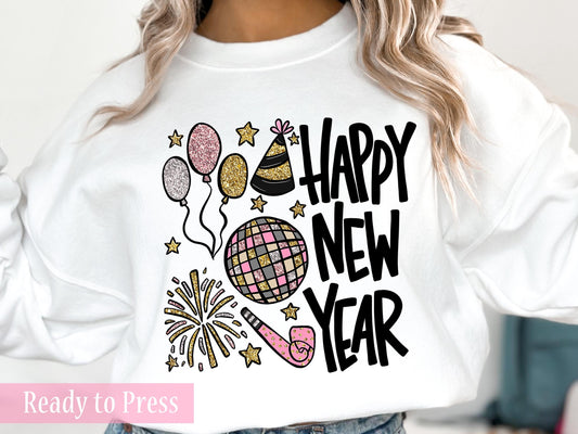 Faux Glitter Happy New Year Party - Ready to Press DTF Transfers