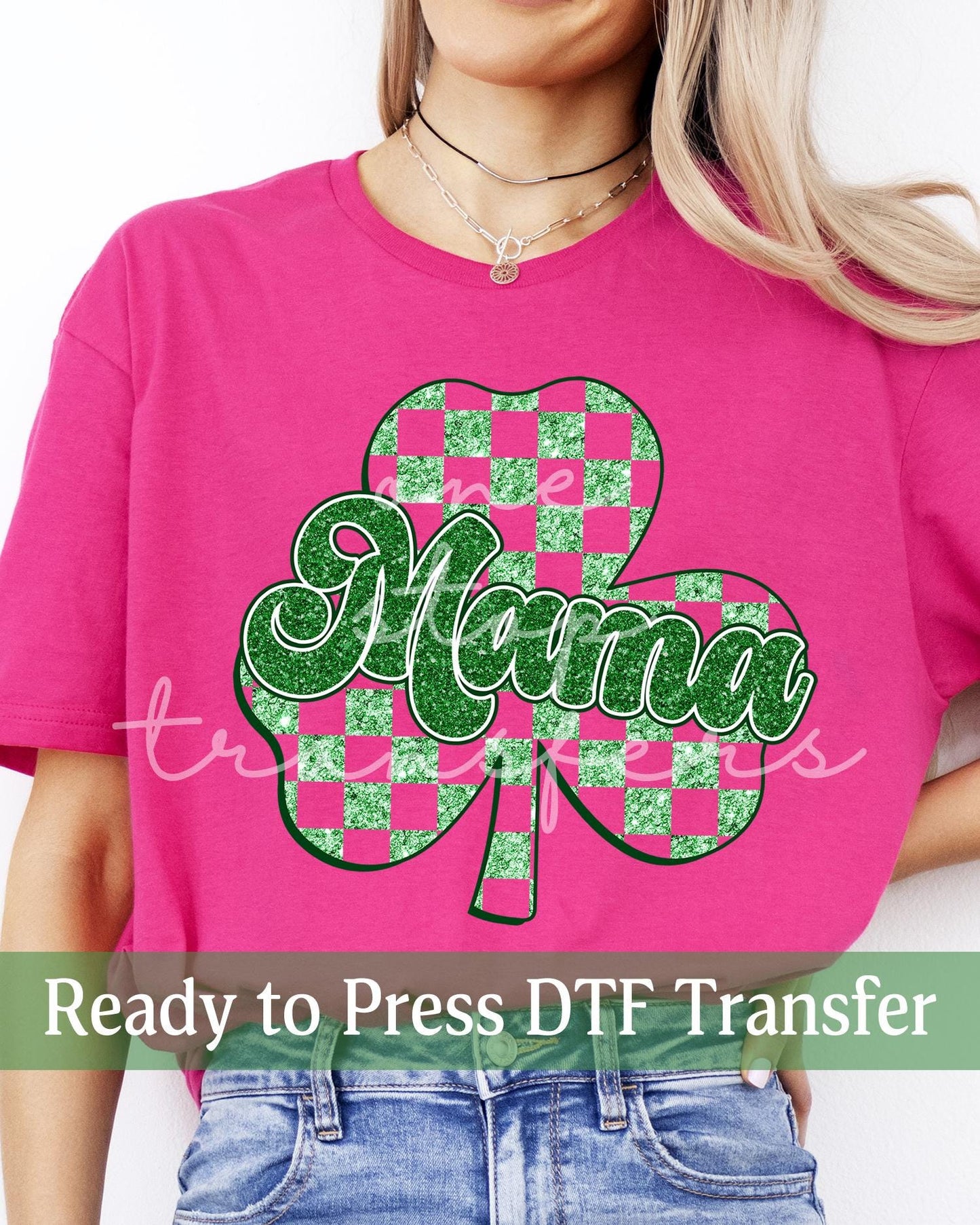 St. Patrick's Day Faux Glitter Checker MAMA Four Leaf Clover - Ready to Press DTF Transfers