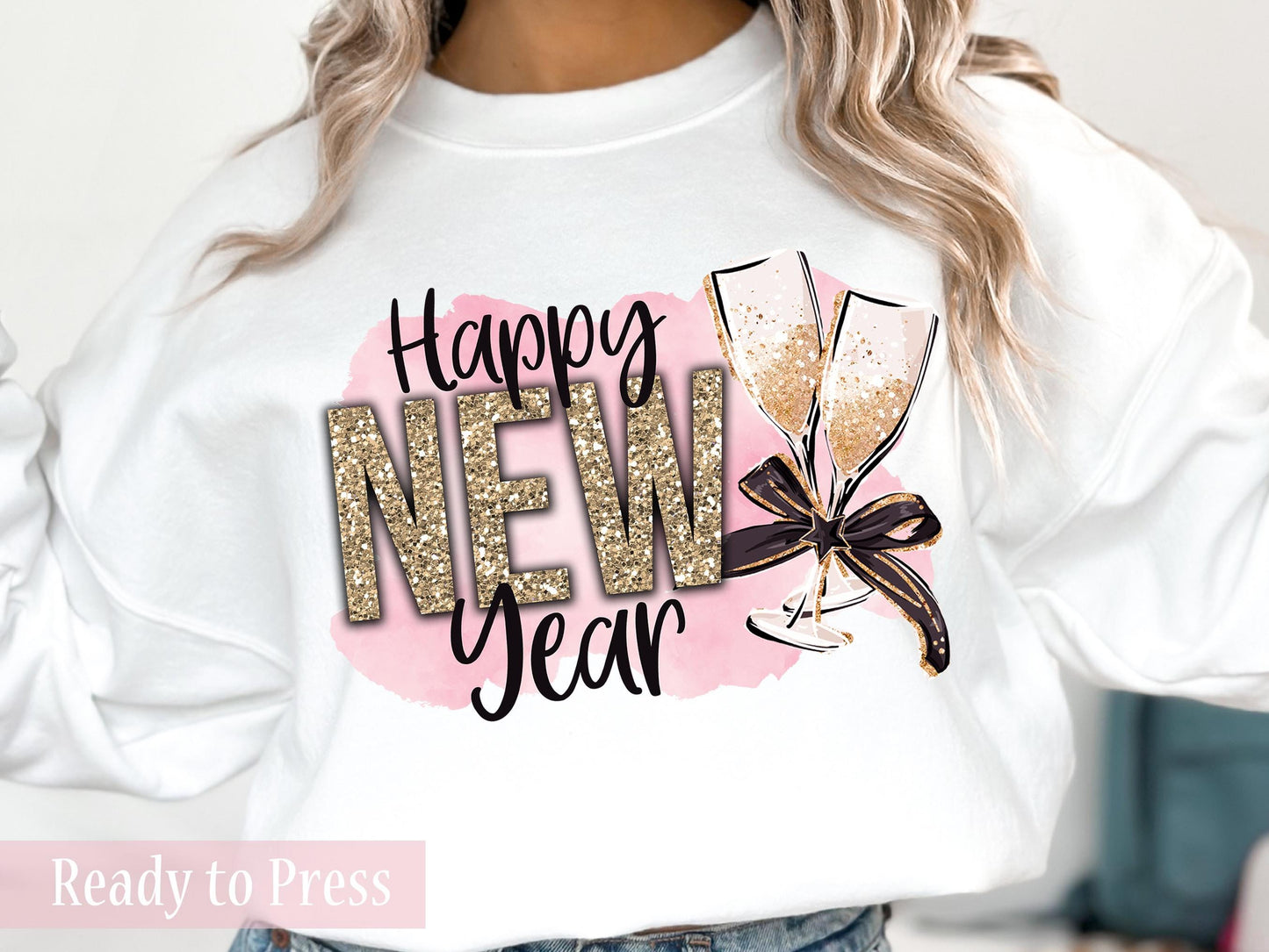 Elegant Faux Glitter Champagne Glasses New Year - Ready to Press DTF Transfers